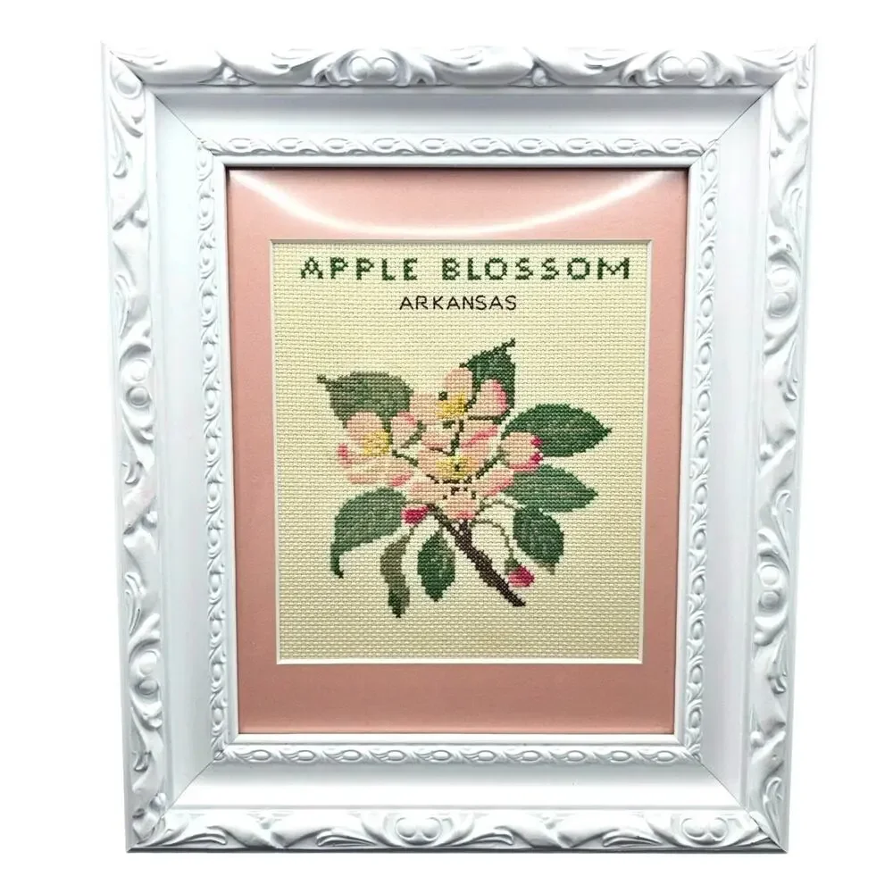 Apple Blossom Arkansas Cross Stitch Framed Wall Art 13x11 Pink Mat White Frame